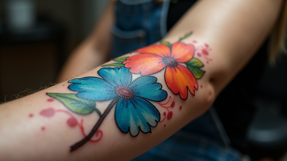 Close-up view of a colorful watercolor tattoo on forearm