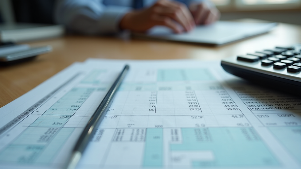 Eye-level view of a desk with financial documents and a calculator