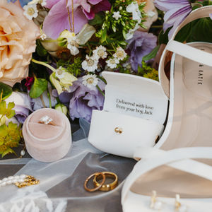 Bridal shoes, wedding rings and colourful garden-inspired florals at The Valley wedding venue.