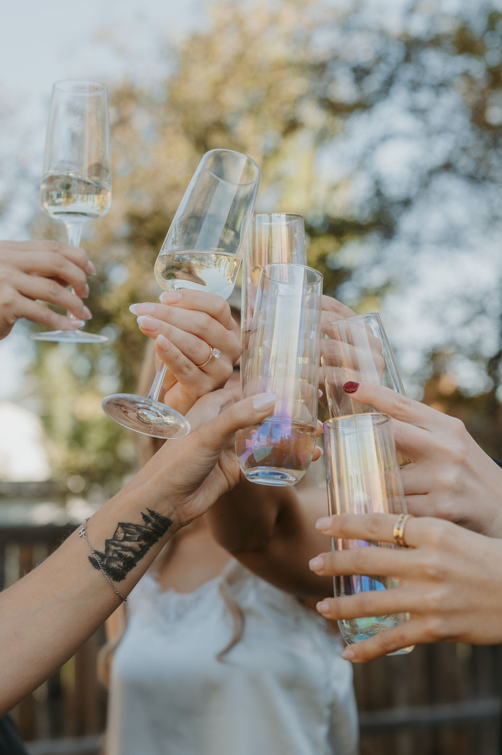Wedding guests raising champagne glasses during an outdoor celebration at The Valley in Alberta.
