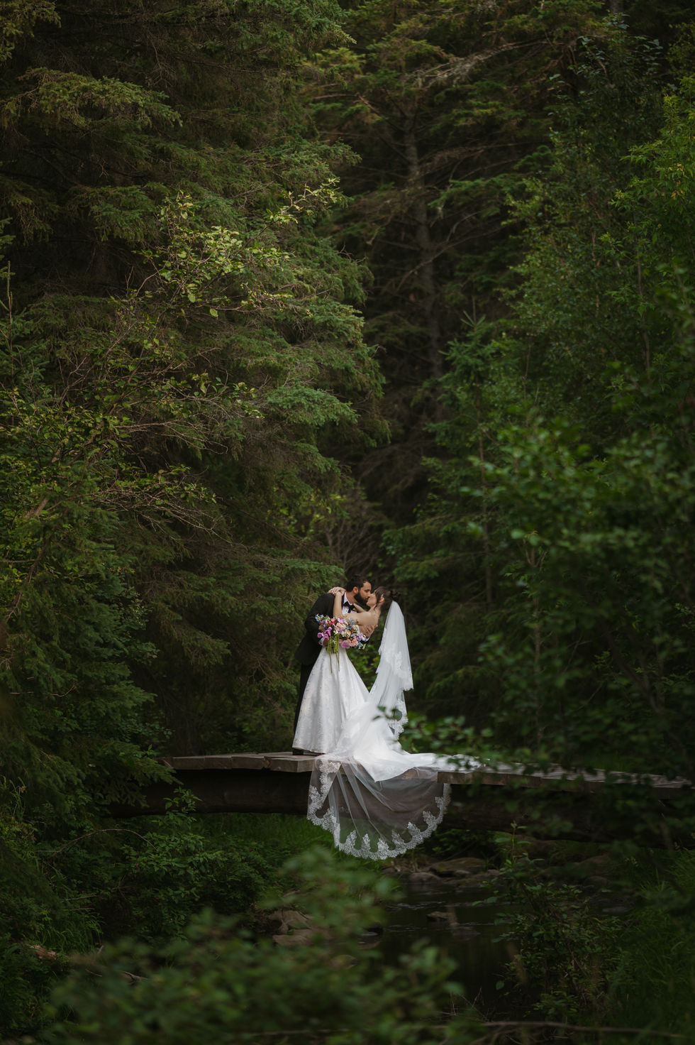 Bride standing in an Alberta forest with a long wedding veil flowing behind her.