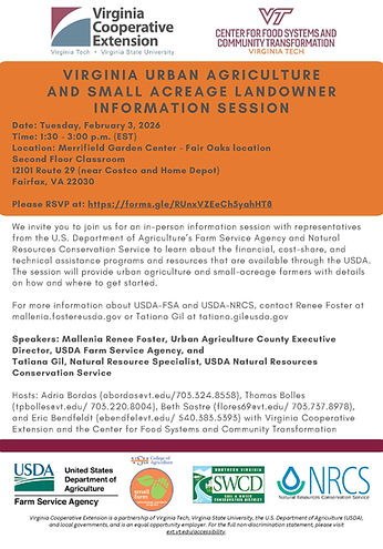 Flyer for Virginia Urban Agriculture and Small Acreage Landowner Information Session
