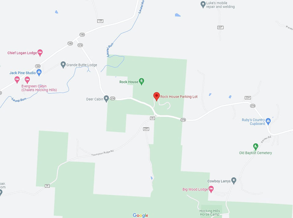 closeup map of hocking hills showing rock house parking lot