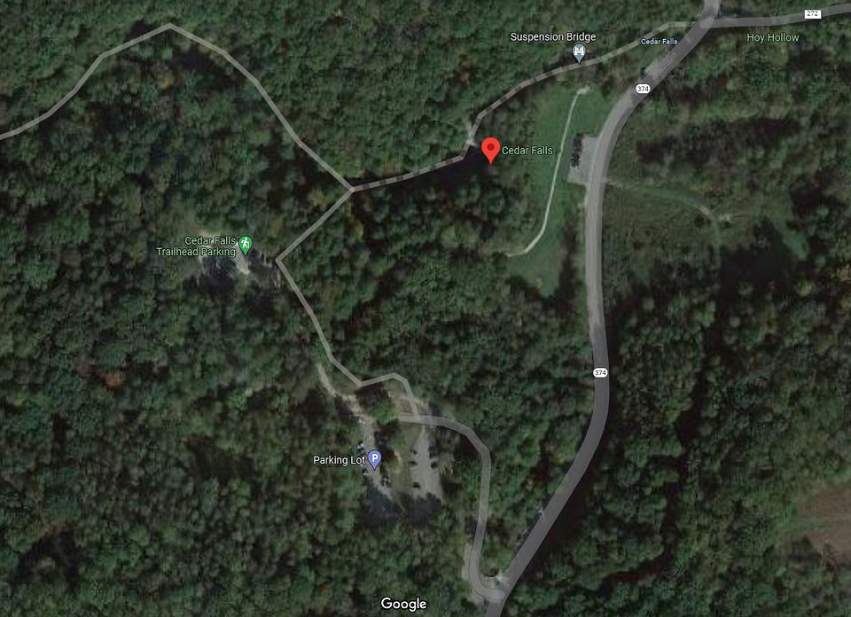 overhead google map of cedar falls including 3 parking spaces and road 374