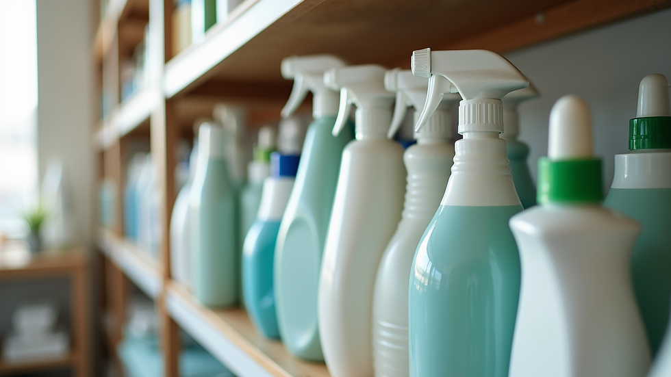 Close-up view of cleaning supplies arranged neatly on a shelf