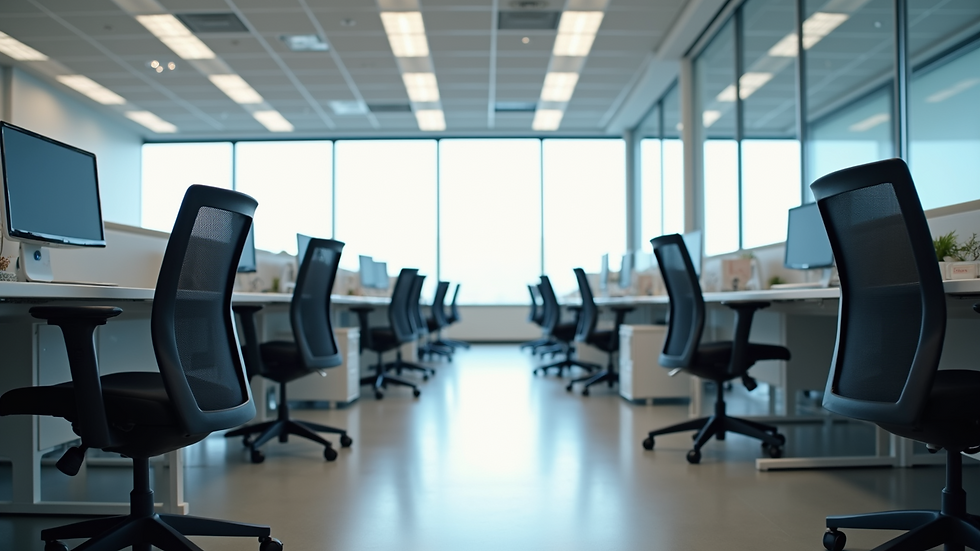 Eye-level view of a modern office space with clean desks and organized chairs