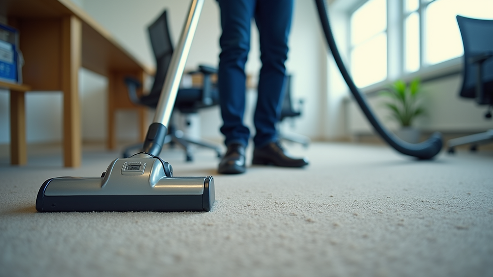 Eye-level view of a professional cleaner vacuuming an office carpet