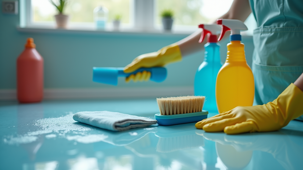 Close-up view of cleaning equipment including brushes and spray bottles