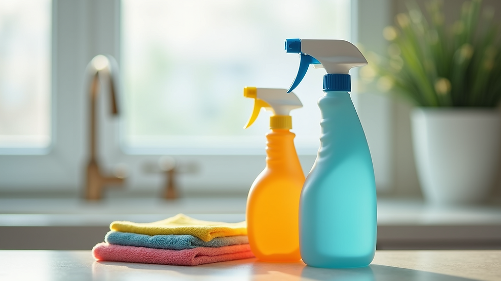 Close-up of cleaning supplies including spray bottles and microfiber cloths on a countertop