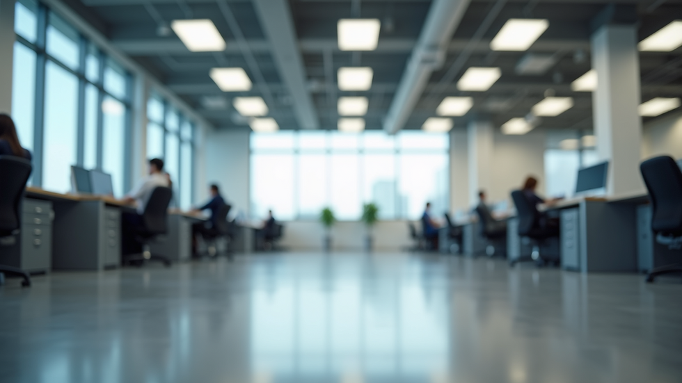 Eye-level view of a commercial office space with clean desks and floors