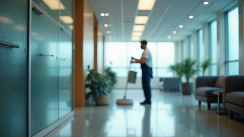 Wide angle view of a cleaning staff in action