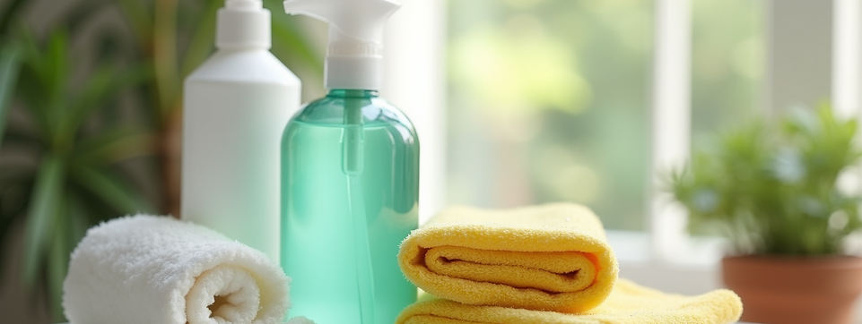 cleaning products in bottles with towels