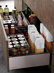 Extra wide drawers for storing tins, kitchen oil, pasta and other dry goods.