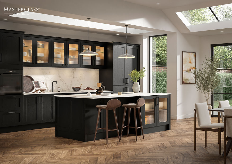 Masterclass Hardwick Onyx black shaker kitchen with modern fluted glass wall cabinets and striking white worktops.