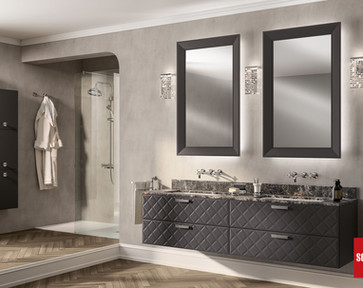 Iron Grey matt lacquered Magnifica Glamour doors which feature a refined diamond processing on the front. Finished with statement Swarovski crystal handles in a chrome-finish.