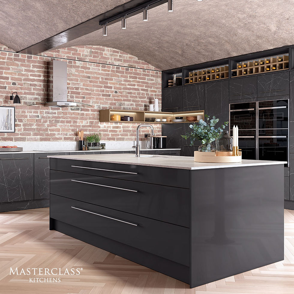 Lumina Graphite black Gloss island and Milano Midnight Pietra Kitchen