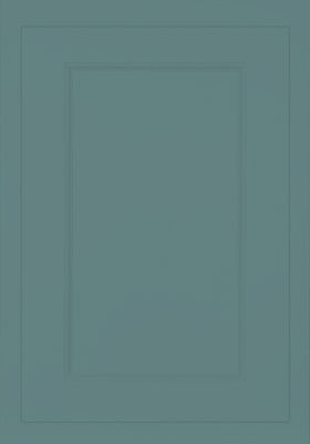 Teal green shaker kitchen door with painted finish.