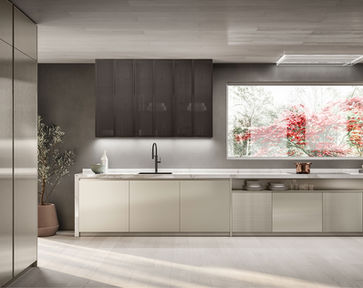Scavolini Libra, Sophisticated and Stylish perlage ribbed matt glass base units in vertical and horizontal layout, with Perlage matt glass base units. Wall units with round perforated sheet metal frame.