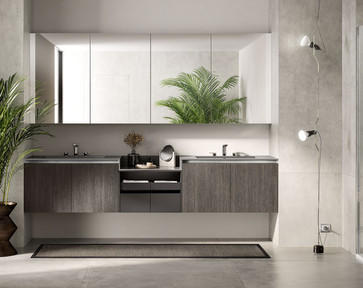 Oriental SCAV 994 decorative melamine doors and silver colour recessed grip profile. Iron Grey SCAV 374 matt lacquered open-fronted element, housed between the two vanity units with pull out trays.