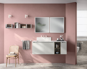 Heron grey matt lacquered bathroom composition.