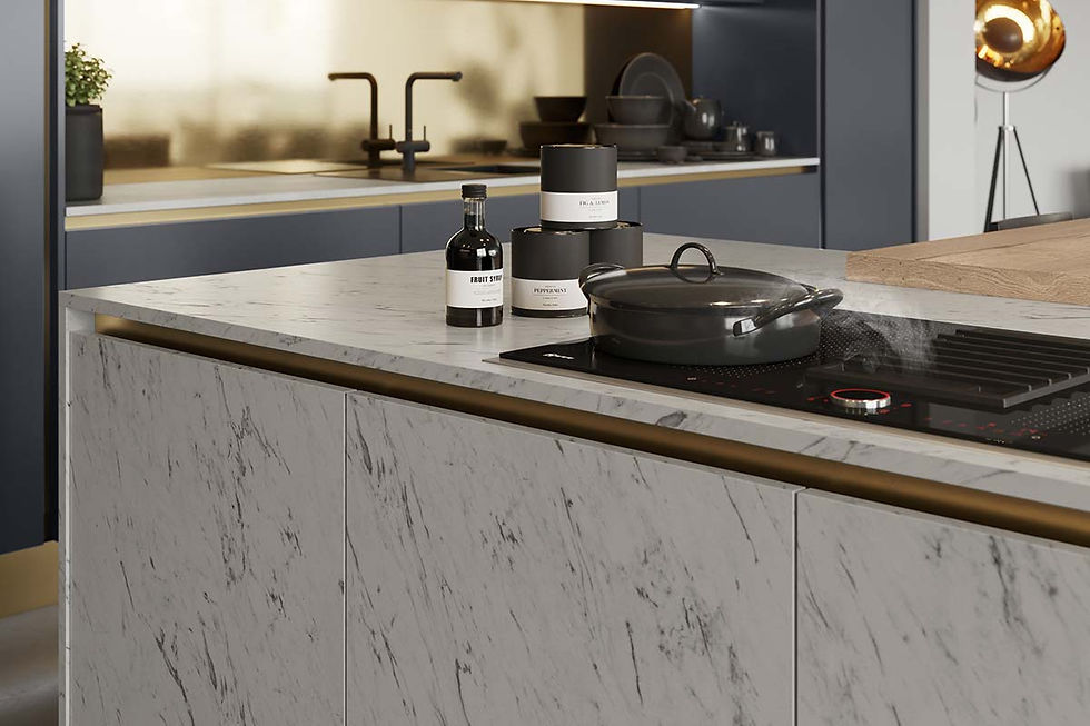 Milano Carrara Marble kitchen island with brass handle profile.