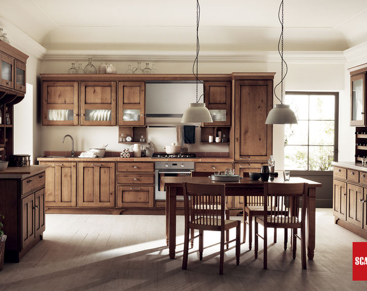 Scavolini Favilla, Charming warm Nodato Oak wood kitchen with exquisite attention to detail.