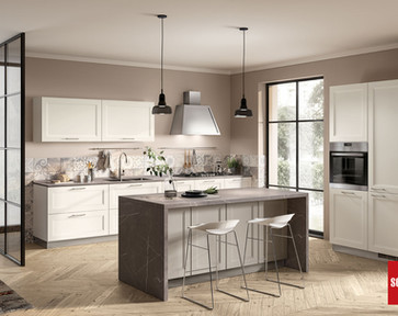 Scavolini Colony, Modern matt white shaker kitchen with decorative grey stone effect waterfall island.