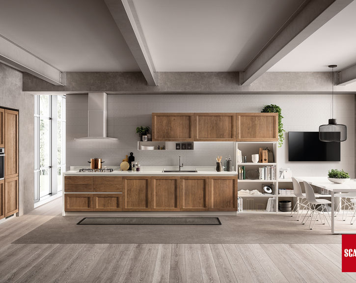 Scavolini Evolution, Contemporary handleless shaker kitchen in Land Oak decorative melamine with white recessed grip profiles and plinths. Open-fronted metal wall units.