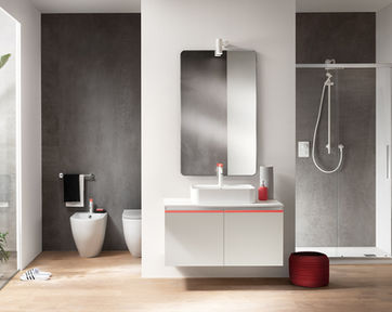 Scavolini Scab 963 Decorative melamine doors paired with the bold Coral Red handle.