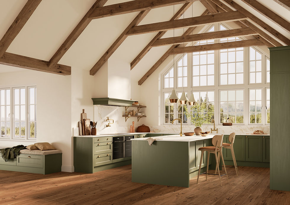 Masterclass Kitchens Hatfield kitchen in Willow green colour with traditional wooden beams and solid wood flooring,