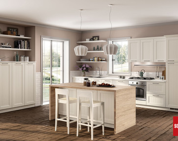 Scavolini Colony, Modern and stylish white shaker kitchen with vertical panelled midi and tall and base units. Styled with a stunning light wood waterfall island.