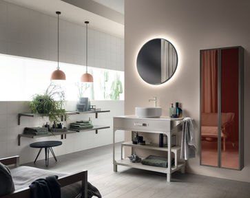 Soft Grey Misfits "CART" washbasin unit with Bronze smoked glass wall mounted tall unit.