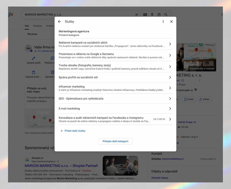 Screenshot z Google Business Profilu s úpravy služeb
