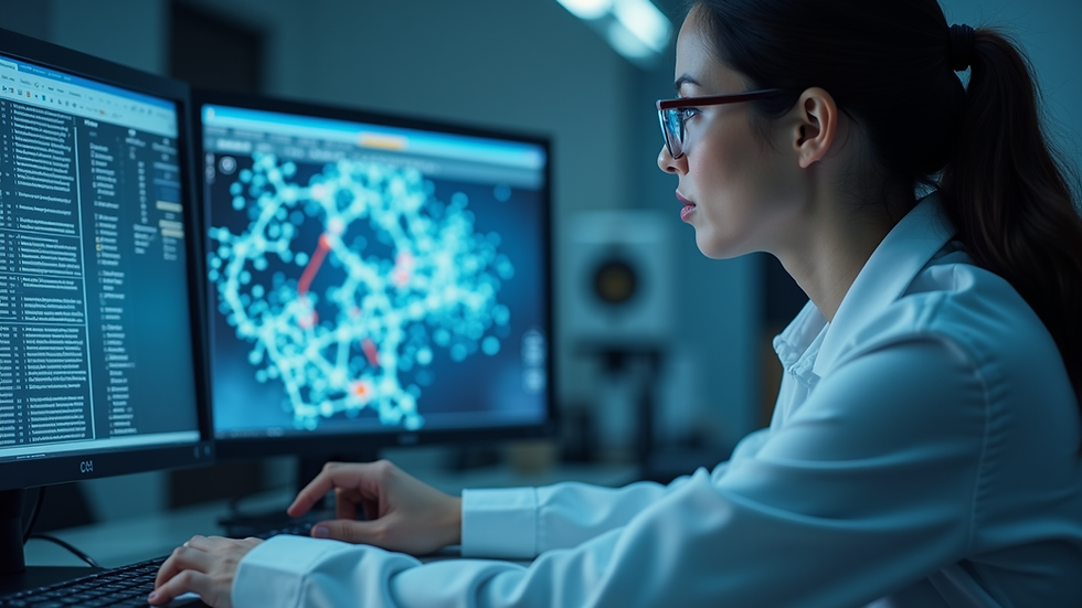 Close-up view of a researcher analyzing molecular structures on a computer screen