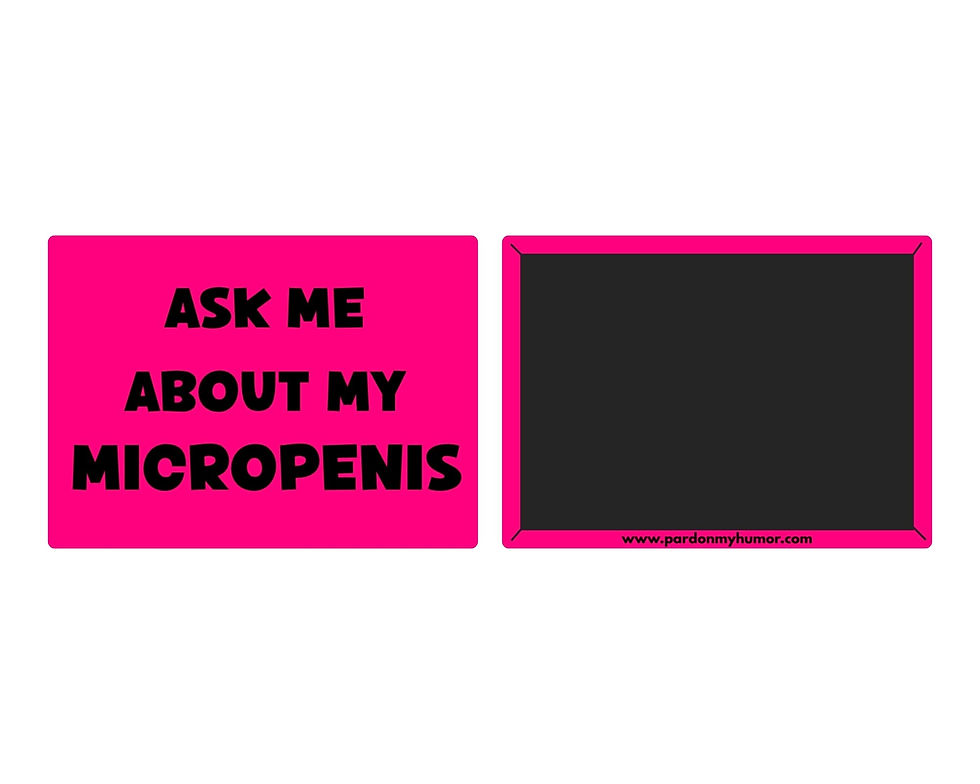 Thumbnail: hot pink fridge magnet with black letters that say "Ask me about my micropenis"