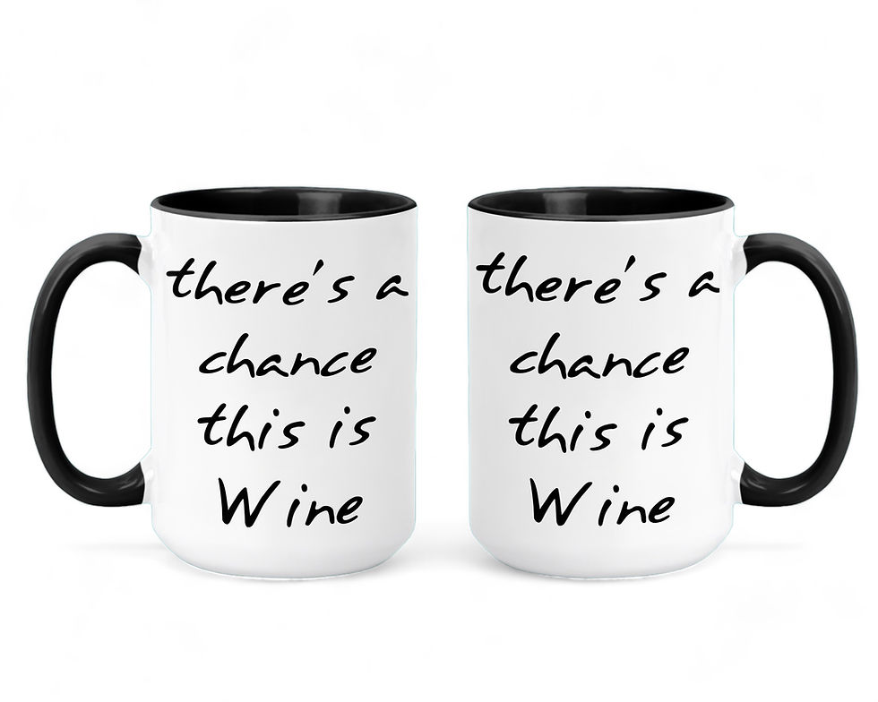 Thumbnail: white coffee mug with black handles and the phrase "there's a chance this is wine"