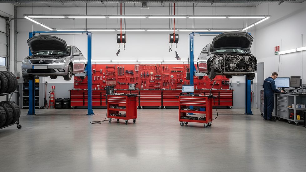 Eye-level view of a mechanic workshop with organized tools and equipment