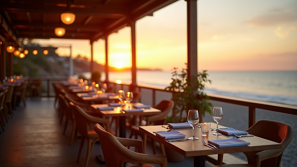 Wide angle view of an outdoor dining area with tables set near the beach at sunset