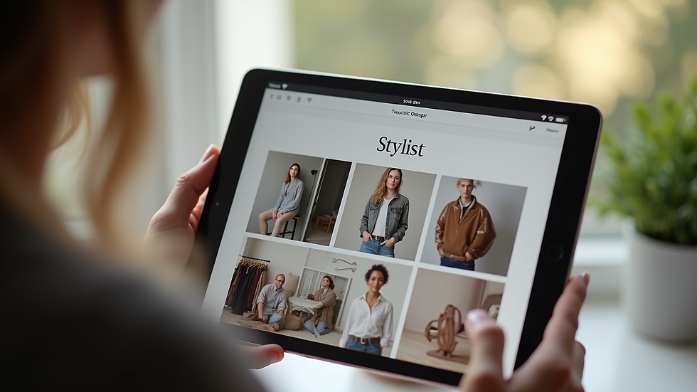 Close-up view of a tablet displaying a virtual stylist portfolio