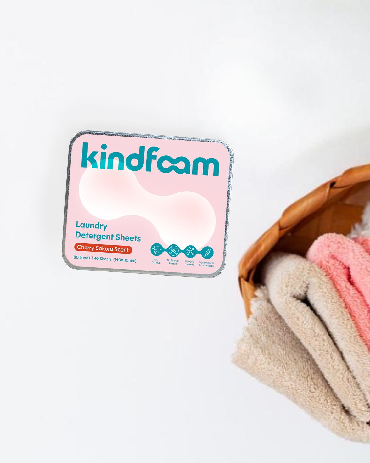 KindFoam Laundry Detergent Sheets | Cherry Sakura | 40 Sheets/Box | 80X LOADS