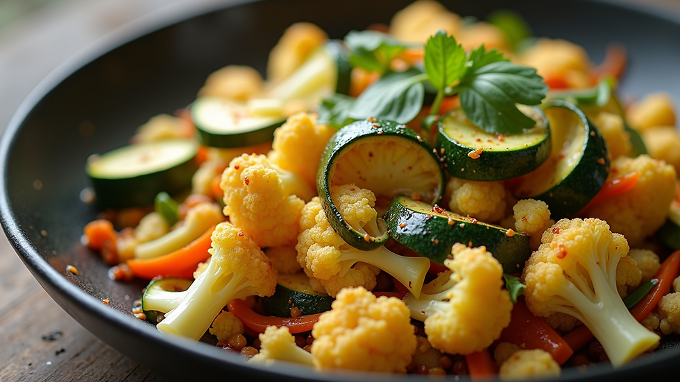 High angle view of a vibrant zucchini and cauliflower stir-fry