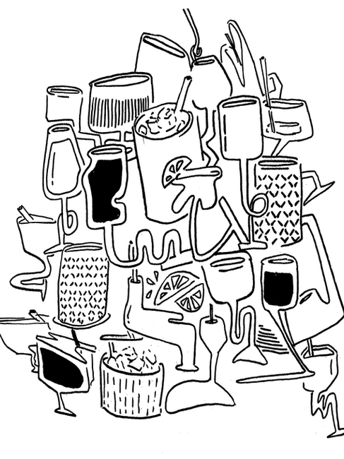 A black line illustration of drinks