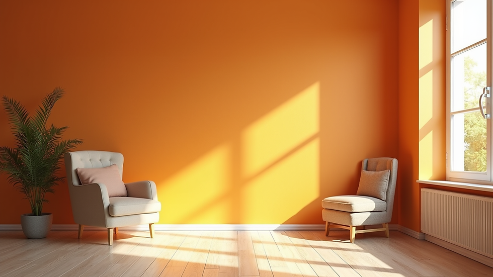 Eye-level view of a freshly painted living room with warm colors