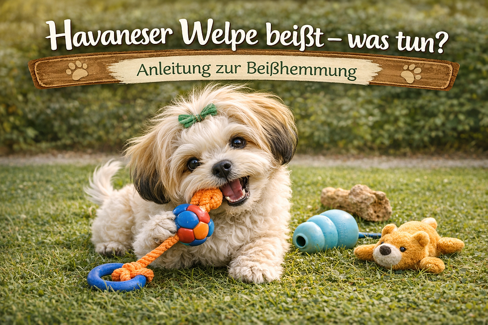 Havaneser Welpe spielt und kaut auf Spielzeug beim Training der Beißhemmung