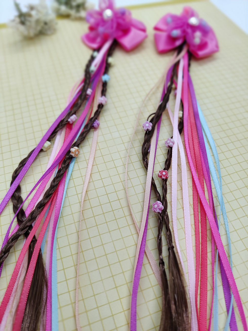 Thumbnail: DUAL FLOWER HANDCRAFTED BRAIDED LONG BOWS - DARK PINK