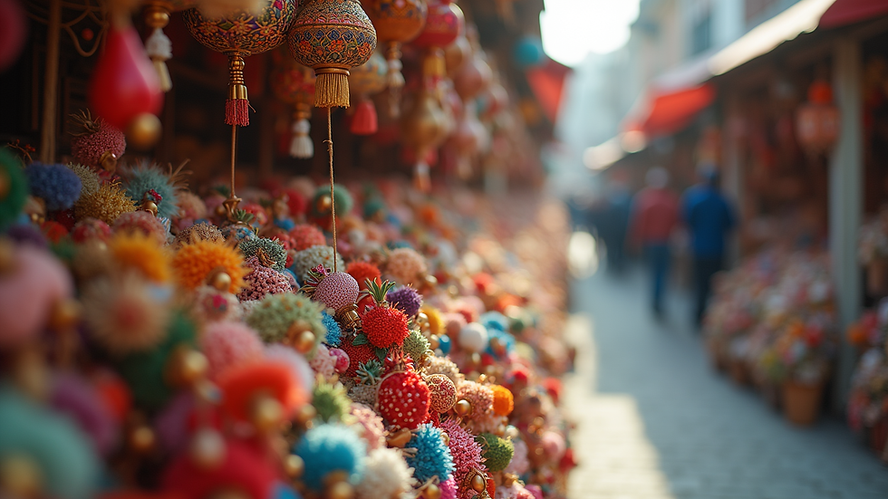 Eye-level view of a colorful display of handmade crafts
