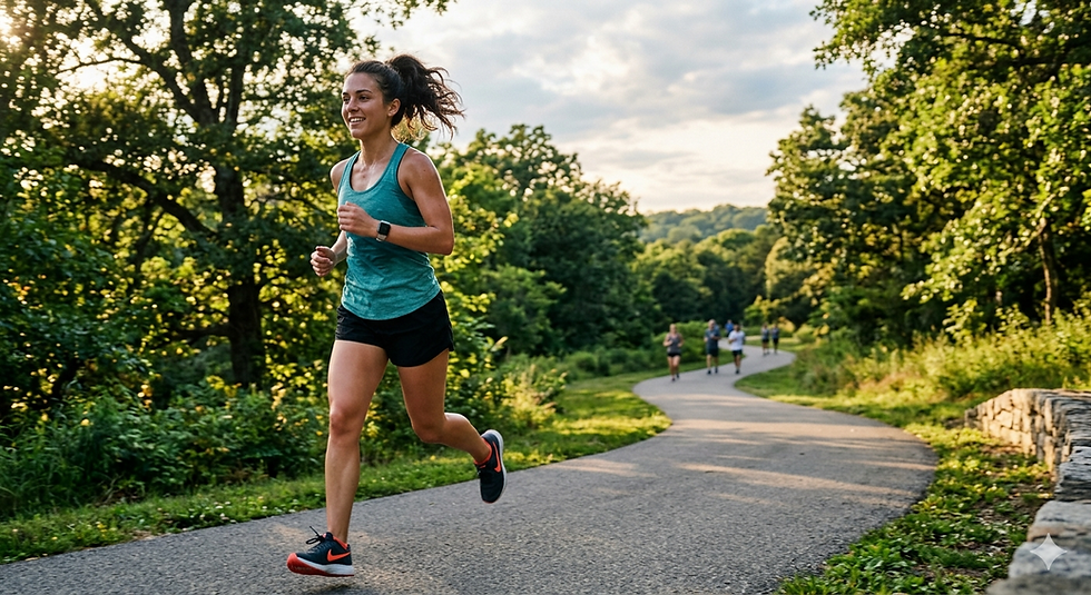 A young woman with a ponytail is smiling while jogging down a paved, winding park path on a sunny day. She is wearing a teal tank top, black running shorts, and athletic shoes. In the background, lush green trees line the path, and a few other runners can be seen further in the distance under a bright sky.