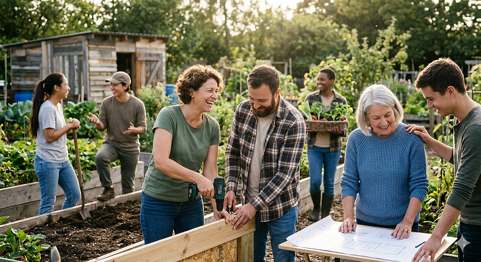 An illustrative photograph of a diverse group of seven people (five adults, one older woman, and one younger male) collaborating in a lush community garden. In the foreground, a woman in a green t-shirt and a bearded man in a plaid shirt examine a detailed blueprint for new raised garden beds. To their right, an older woman in a blue sweater is seated, smiling warmly as a younger man puts his arm around her. Further back, a smiling woman in a cap carries a large basket of fresh garden produce, and a woman sits with a shovel. The scene features multiple thriving, wooden raised beds filled with leafy greens. The golden hour sunlight filters through the background trees, creating a warm, collaborative, and sustainable atmosphere, with a rustic wooden shed visible. Perfect for a blog post about community gardening, intergenerational connection, or sustainable living.