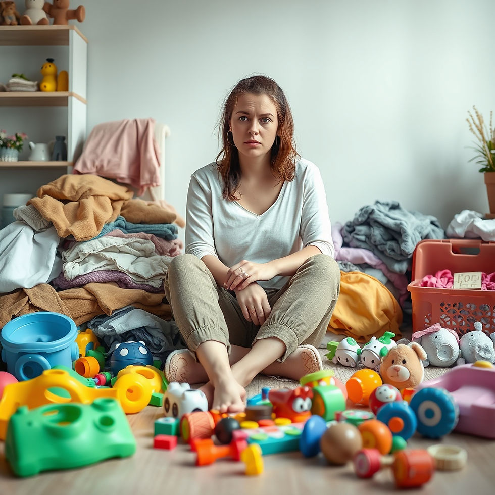 Woman sitting amid colorful toys and laundry piles in a room, looking overwhelmed. Neutral background with shelves and plants.