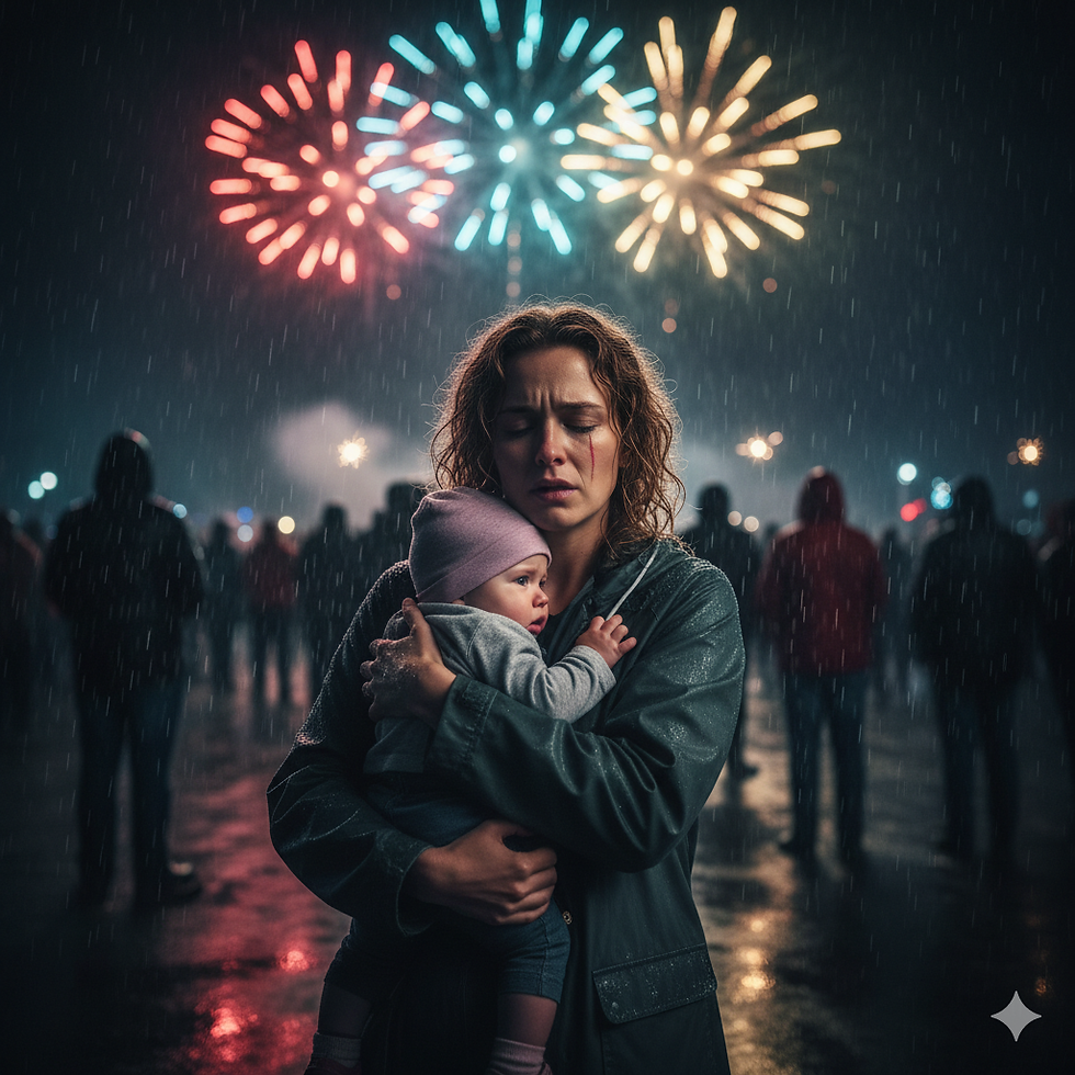 Woman with an anguished facial expression, holding a baby in a rainy night, surrounded by a crowd. Fireworks light up the sky, creating a tense yet colourful scene.